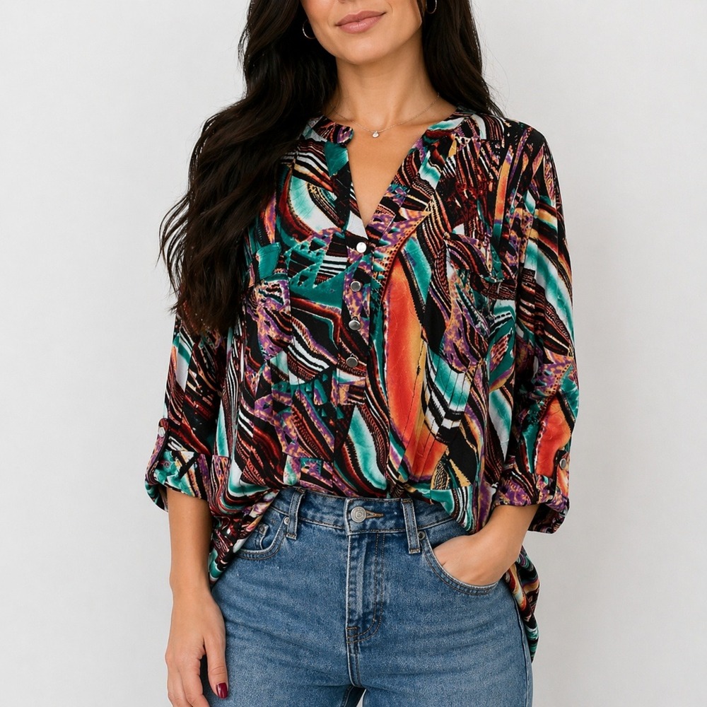 Cocomo Retro Y2K Blouse 1X Plus Boho‎ Stretchy Abstract Artsy Festival 60s 70s